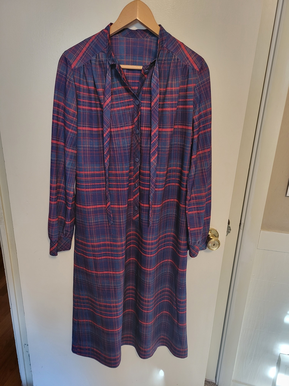 Vintage Navy and Red Plaid Long-Sleeve Tie-Neck Dress
